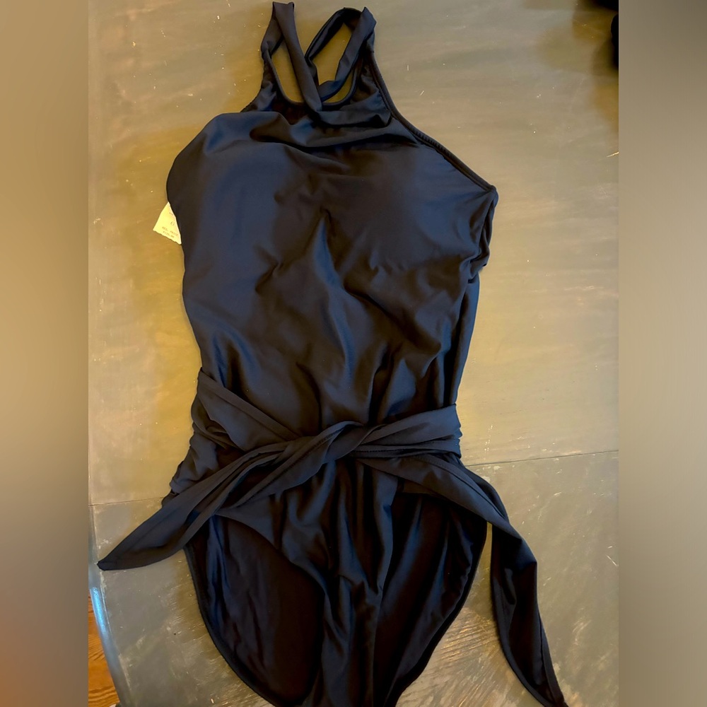 Hermoza Black One Piece Swimsuit with High Neck and Waist Wrap